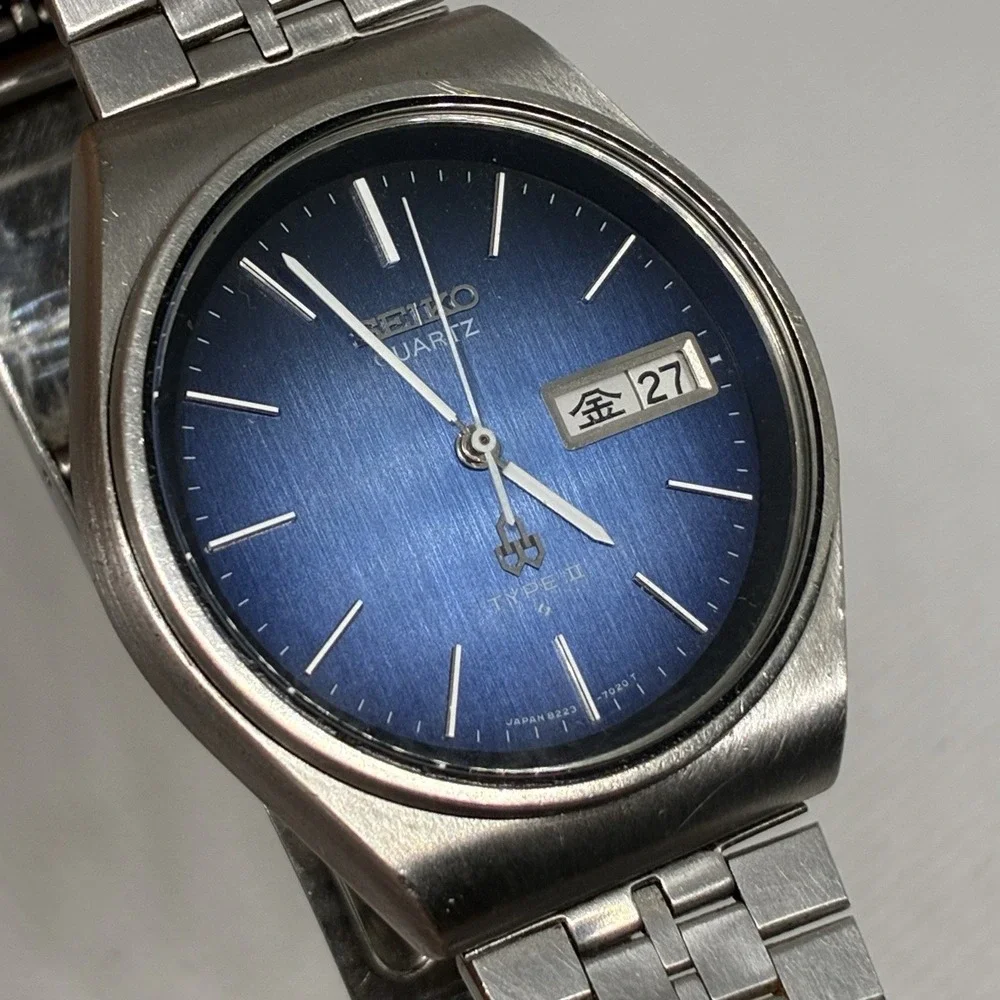 Vintage Seiko Type II 8223-701D Blue Dial Quartz Men's Watch 35mm - NEW CRYSTAL!